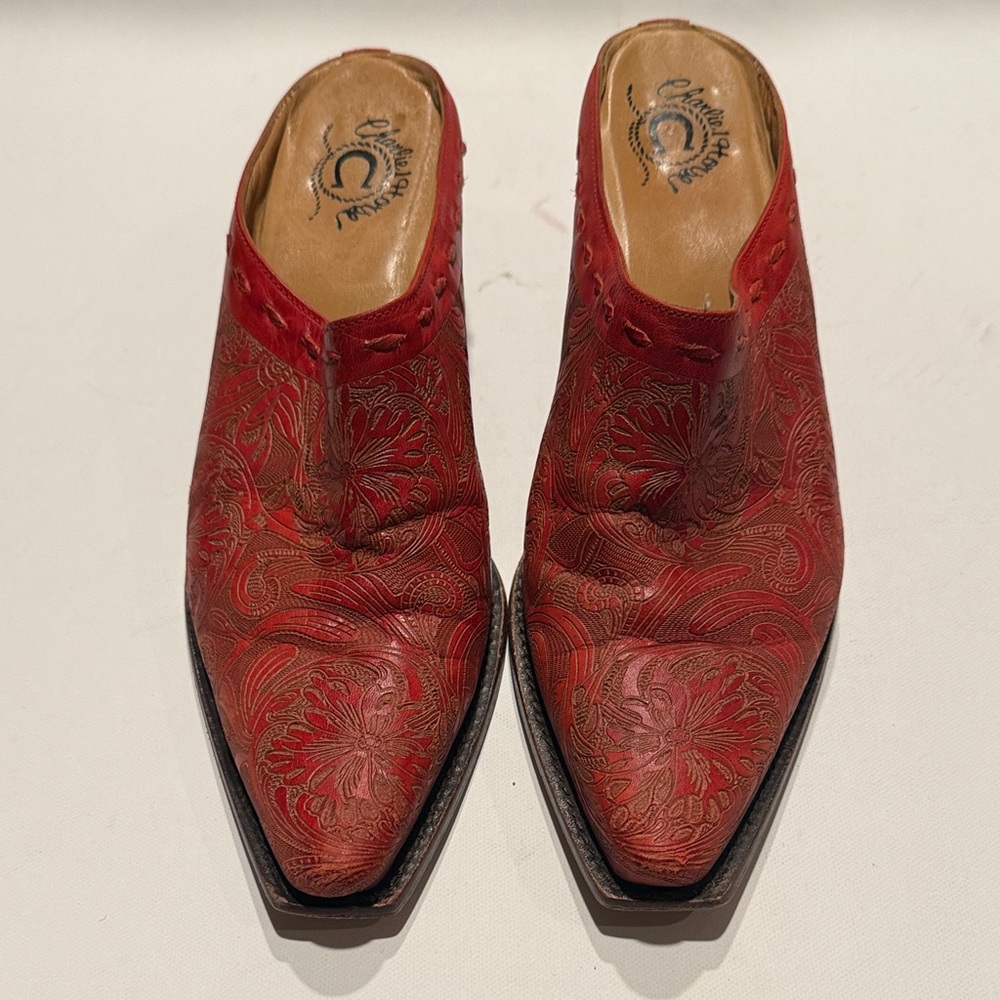 Embroidered Red Leather Pointed Mule Clogs - Women